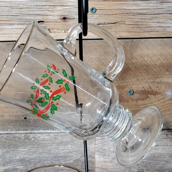 Libbey Irish Coffee Mugs - Green & Red Holly - Red Ribbon - Price for Pair - Picture 4 of 8